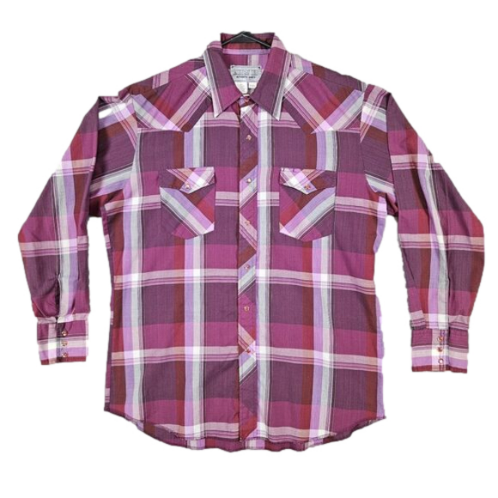 American Hero Pink Windowpane Plaid Pearl Snap Large Long Sleeve Western Shirt